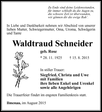 Traueranzeige von Waldtraud Schneider von Südthüringer Presse