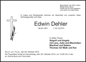 Traueranzeige von Edwin Dehler von Neue Presse Coburg
