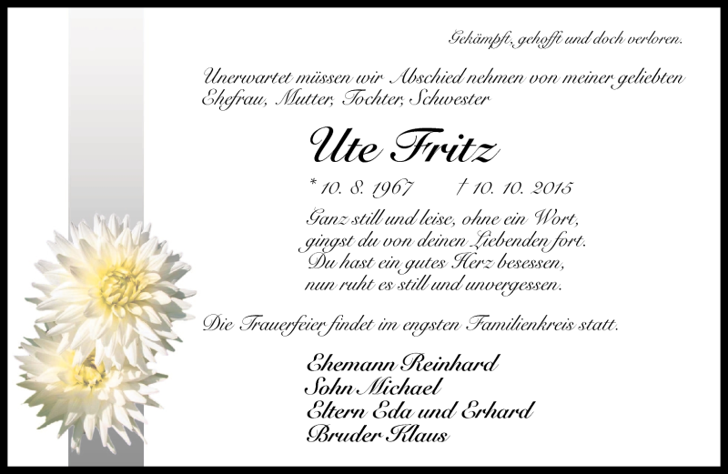  Traueranzeige für Ute Fritz vom 15.10.2015 aus Südthüringer Presse