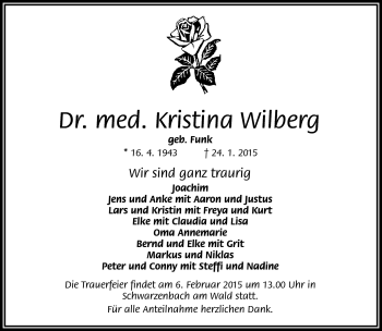 Traueranzeige von Kristina Wilberg von Frankenpost