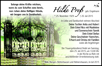 Traueranzeige von Hildegard Preß von Südthüringer Presse