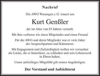 Traueranzeige von Kurt Genßler von Südthüringer Presse