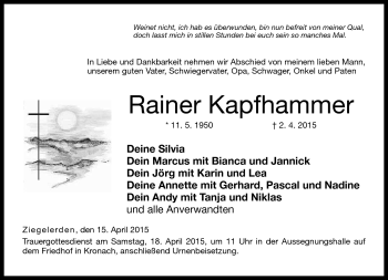 Traueranzeige von Rainer Kapfhammer von Neue Presse Coburg