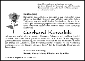 Traueranzeige von Gerhard Kowalski von Südthüringer Presse