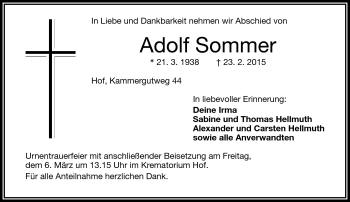 Traueranzeige von Adolf Sommer von Frankenpost