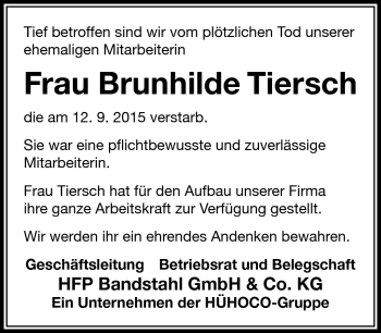 Traueranzeige von Brunhilde Tiersch von Südthüringer Presse