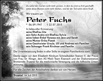 Traueranzeige von Peter Fuchs von Südthüringer Presse