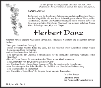 Traueranzeige von Herbert Danz von Südthüringer Presse