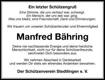 Traueranzeige von Manfred Bähring von Südthüringer Presse
