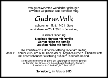 Traueranzeige von Gudrun Volk von Südthüringer Presse