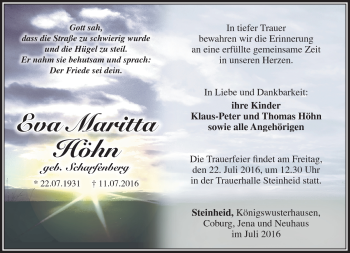 Traueranzeige von Eva Maritta Höhn von Südthüringer Presse