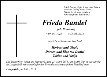 Traueranzeige von Frieda Bandel von Südthüringer Presse