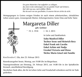 Traueranzeige von Margareta Diller von Neue Presse Coburg