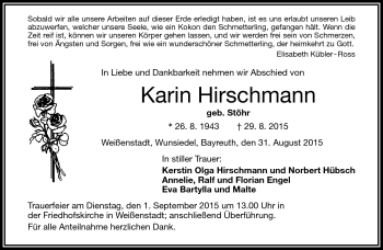Traueranzeige von Karin Hirschmann von Frankenpost