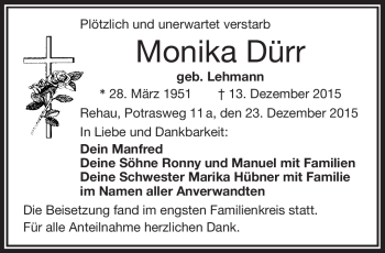 Traueranzeige von Monika Dürr von Frankenpost