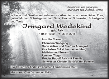 Traueranzeige von Irmgard Wedekind von Südthüringer Presse