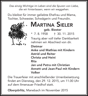 Traueranzeige von Martina Sieler von Südthüringer Presse