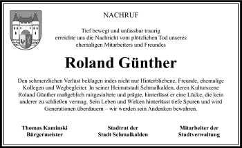 Traueranzeige von Roland Günther von Südthüringer Presse