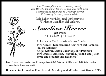 Traueranzeige von Anneliese Herzer von Südthüringer Presse