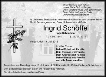 Traueranzeige von Ingrid Schöffel von Frankenpost