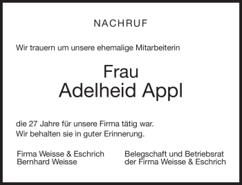 Traueranzeige von Adelheid Appl von Neue Presse Coburg