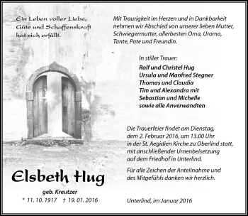 Traueranzeige von Elsbeth Hug von Südthüringer Presse