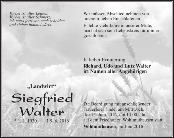 Traueranzeige von Siegfried Walter von Südthüringer Presse