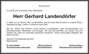 Traueranzeige von Gerhard Landendörfer von Frankenpost