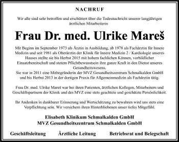 Traueranzeige von Ulrike Mares von Südthüringer Presse