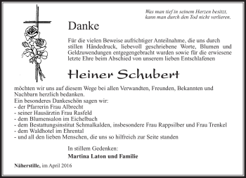 Traueranzeige von Heiner Schubert von Südthüringer Presse
