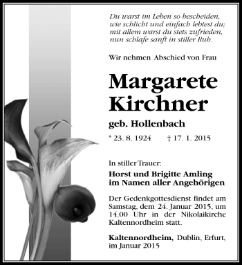 Traueranzeige von Margarete Kirchner von Südthüringer Presse