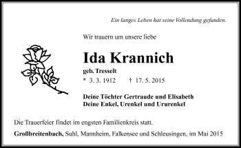 Traueranzeige von Ida Krannich von Südthüringer Presse