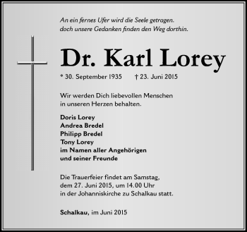 Traueranzeige von Karl Lorey von Südthüringer Presse