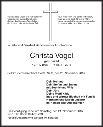 Traueranzeige von Christa Vogel von Frankenpost