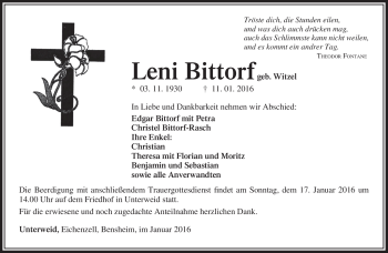 Traueranzeige von Leni Bittorf von Südthüringer Presse