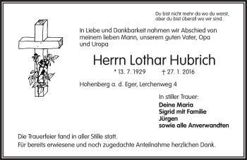 Traueranzeige von Lothar Hubrich von Frankenpost