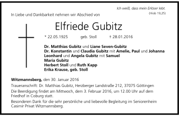 Traueranzeige von Elfriede Gubitz von Neue Presse Coburg