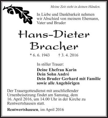 Traueranzeige von Hans-Dieter Bracher von Südthüringer Presse