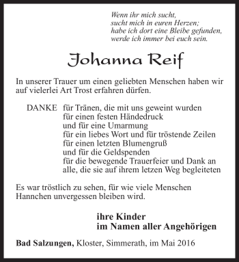 Traueranzeige von Johanna Reif von Südthüringer Presse