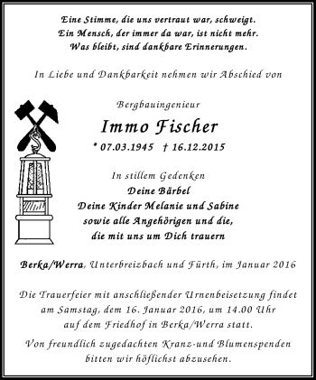 Traueranzeige von Immo Fischer von Südthüringer Presse