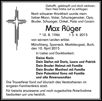 Traueranzeige von Max Rüger von Frankenpost