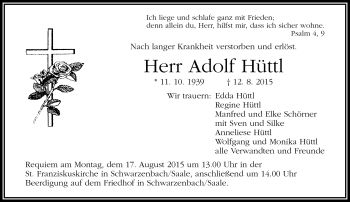 Traueranzeige von Adolf Hüttl von Frankenpost