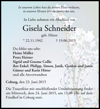 Traueranzeige von Gisela Schneider von Neue Presse Coburg