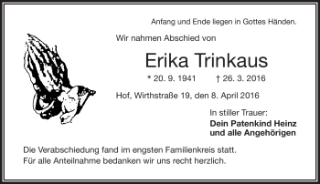 Traueranzeige von Erika Trinkaus von Frankenpost