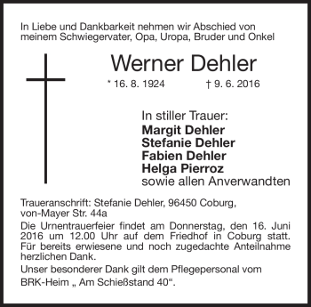 Traueranzeige von Werner Dehler von Neue Presse Coburg