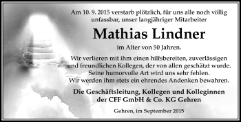 Traueranzeige von Mathias Lindner von Südthüringer Presse