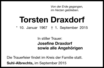 Traueranzeige von Torsten Draxdorf von Südthüringer Presse
