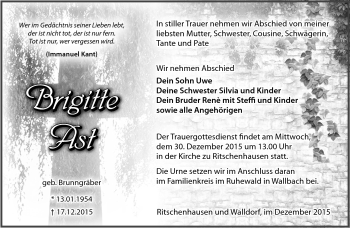 Traueranzeige von Brigitte Ast von Südthüringer Presse