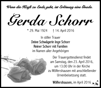 Traueranzeige von Gerda Schorr von Südthüringer Presse