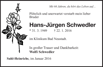 Traueranzeige von Hans-Jürgen Schwedler von Südthüringer Presse